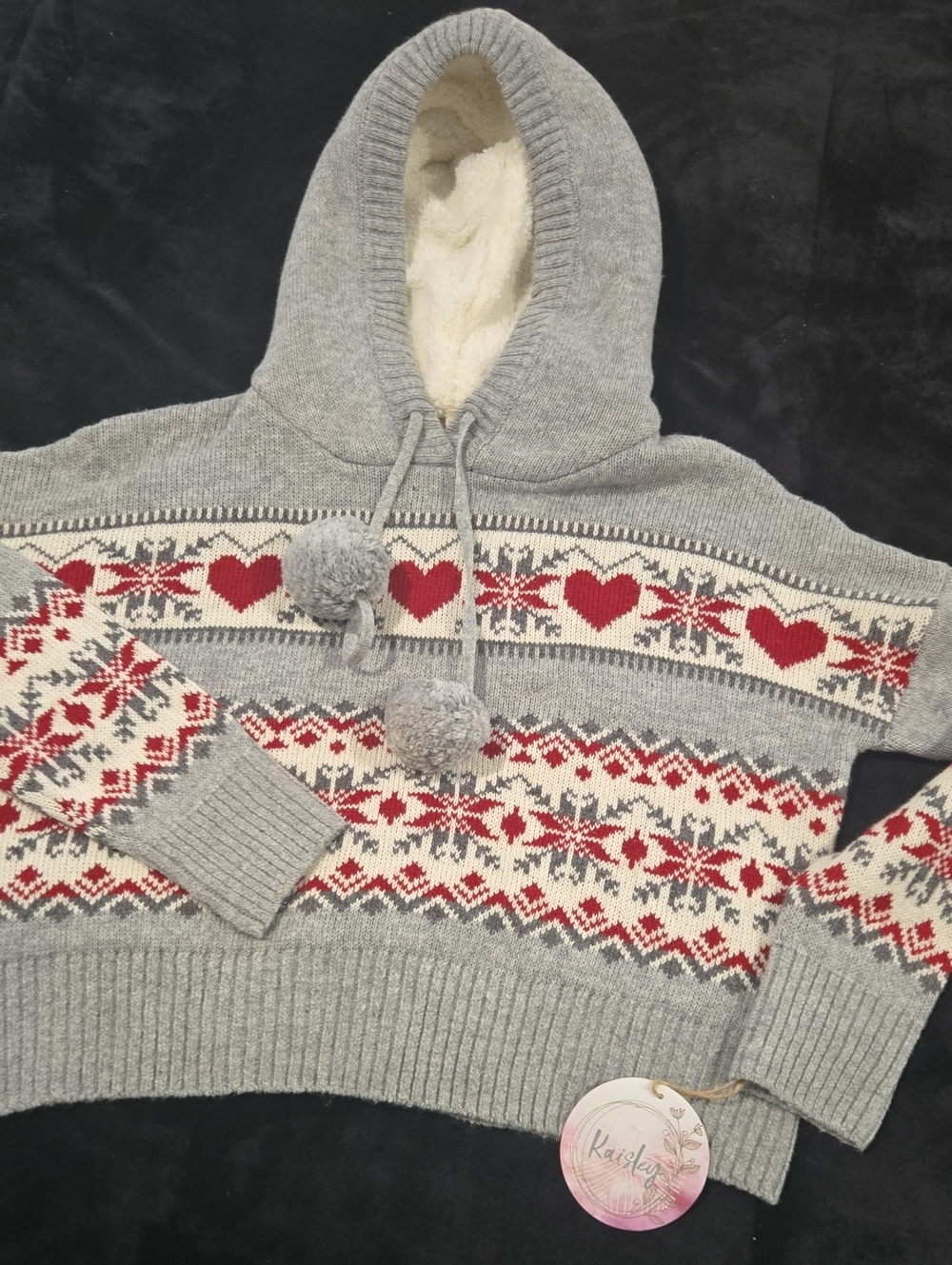 Kaisely Gray Hooded Fair Isle Sweater with Red and Cream Accents